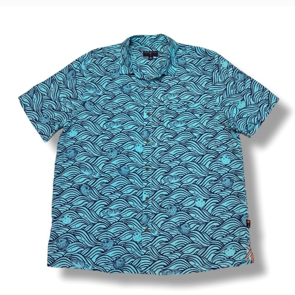 MARGARITAVILLE Short Sleeve Button Down Shirt-Aqua Blue Waves & Puffer Fish